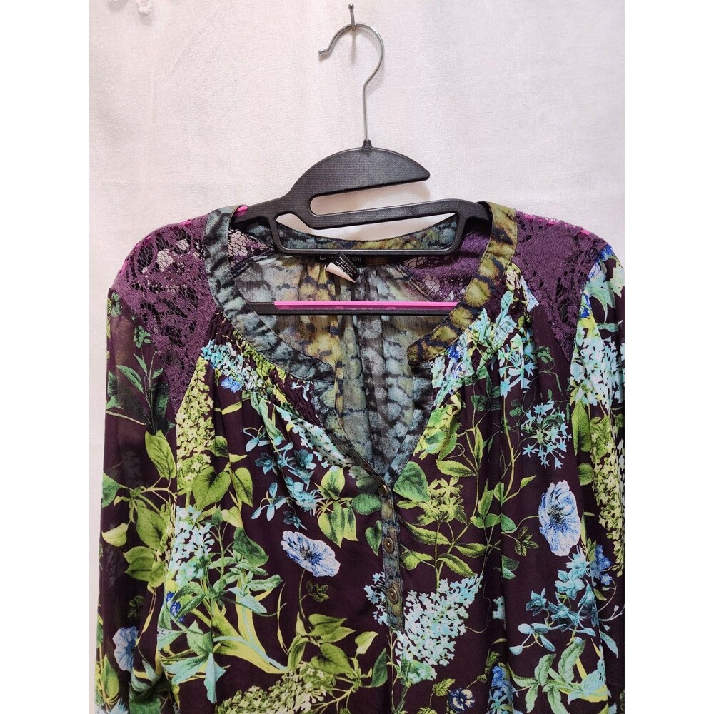 NEW DIRECTIONS WOMEN XL GREEN BLUE BLOUSE FLORAL BLOOM FAIRY LACE SHEER POPOVER - Picture 9 of 16